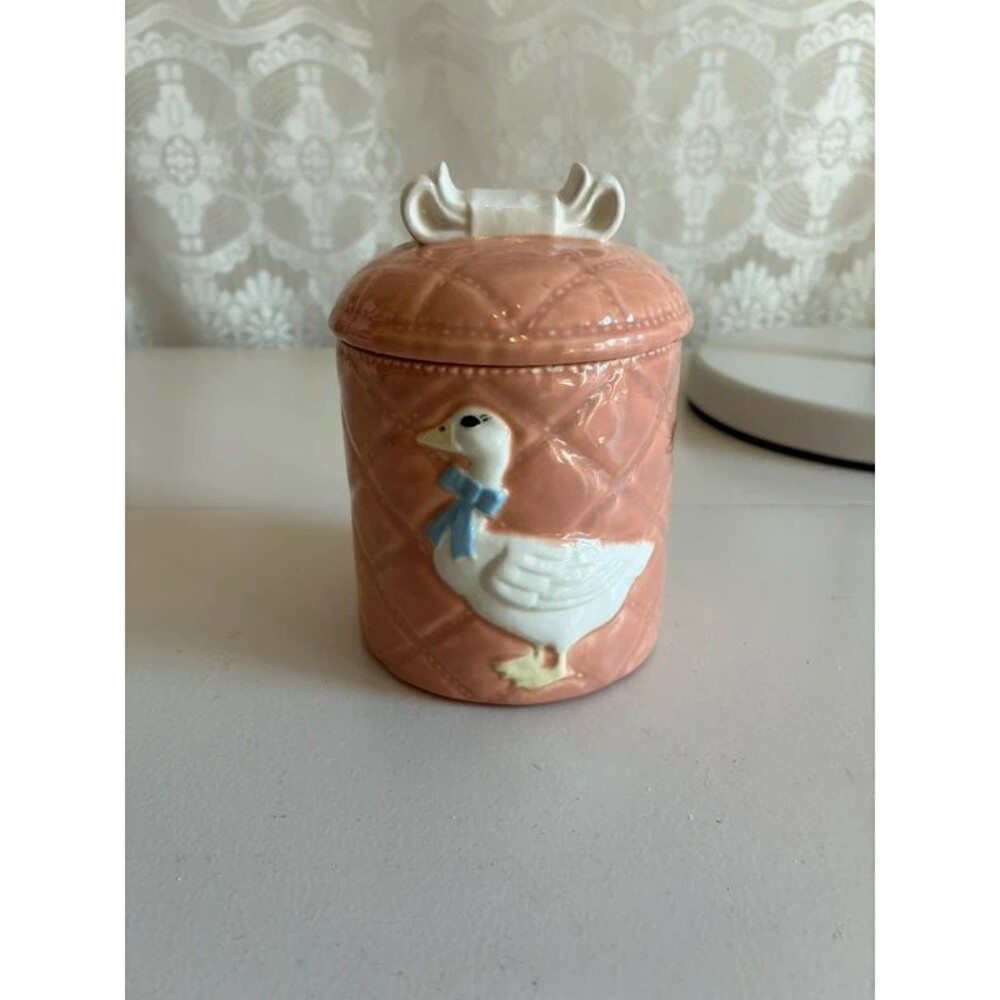 Vintage 80s Quilted Ceramic Goose Canister Jar Blue Bow Country Cottagecore
